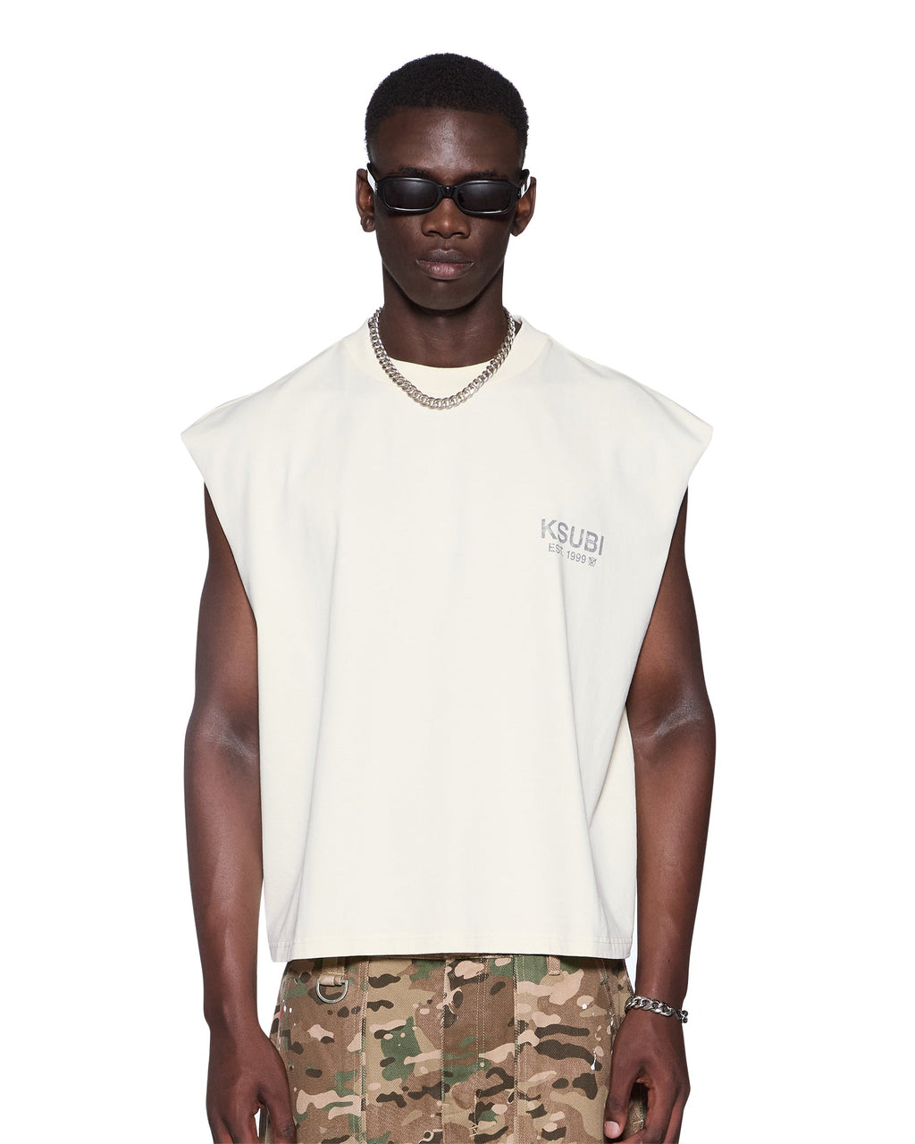 Mens State Halen Cut Off Ecru Baggy Tees - Beige