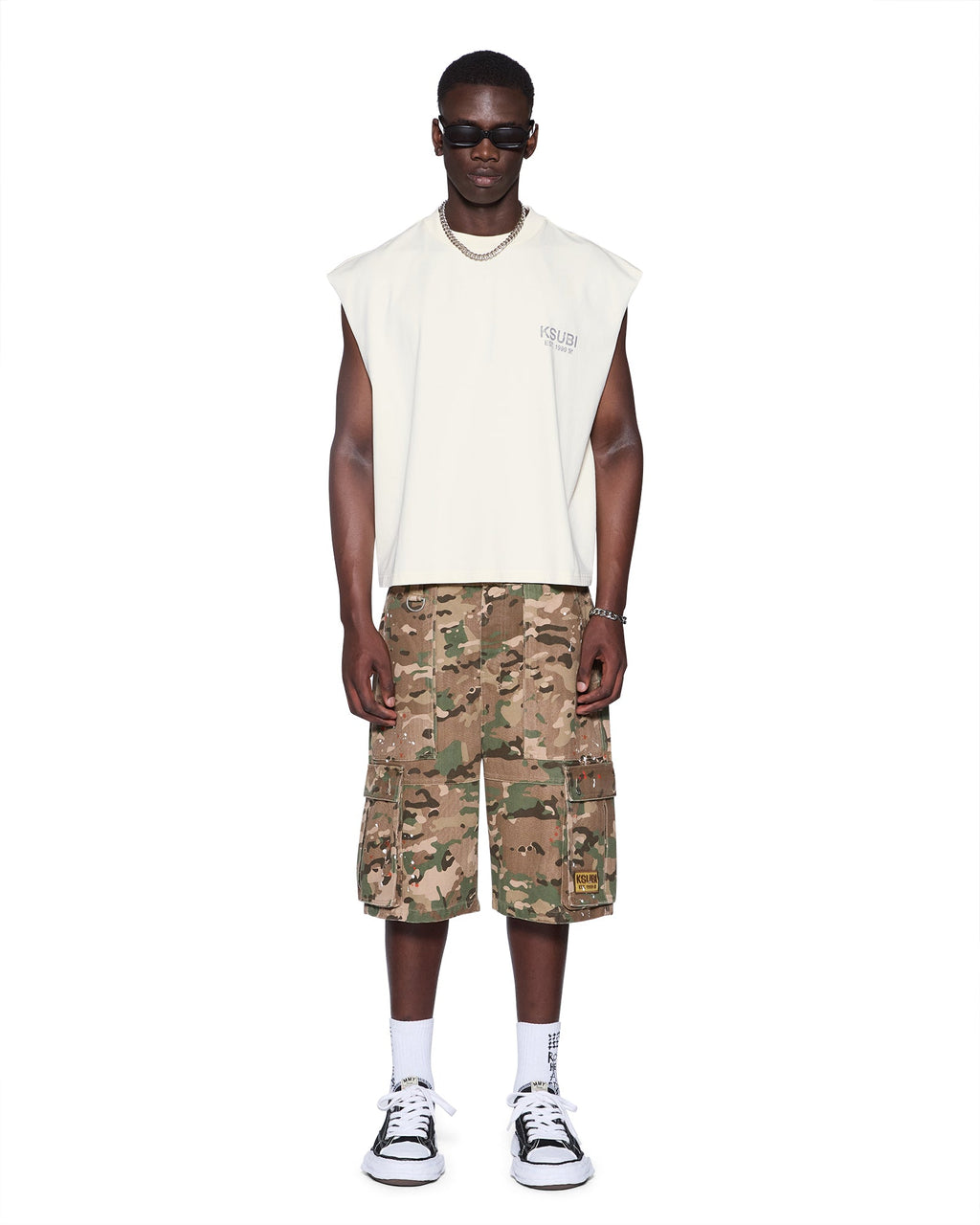Mens State Halen Cut Off Ecru Baggy Tees - Beige