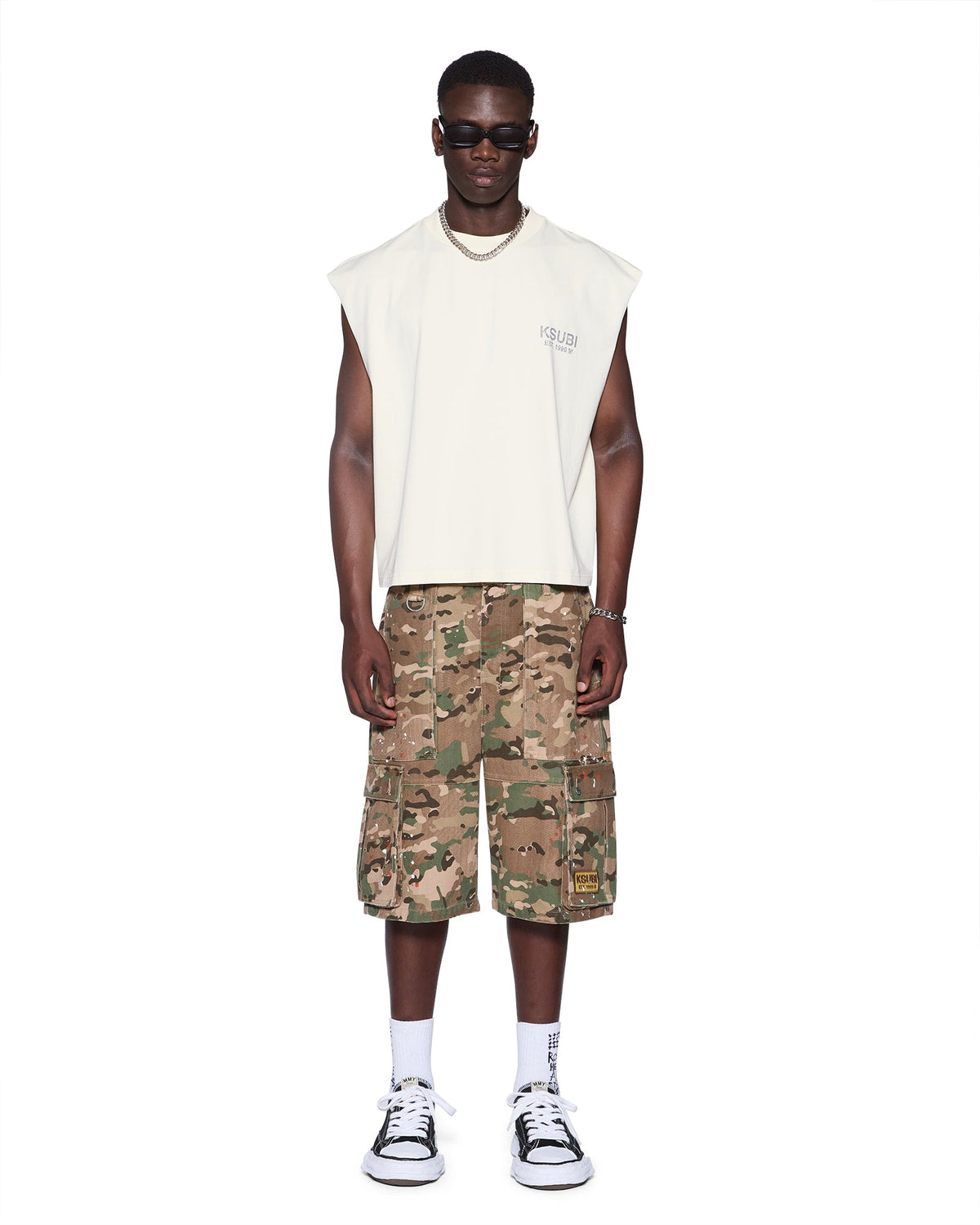 Mens State Halen Cut Off Ecru Baggy Tees - Beige