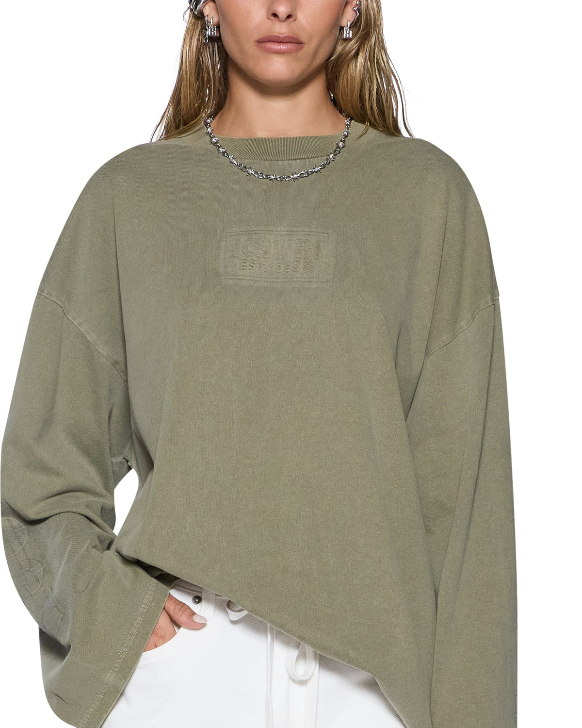 Womens State Stencil Boyfriend Ls Tee Militant Oversized Fashion Tops - Khaki