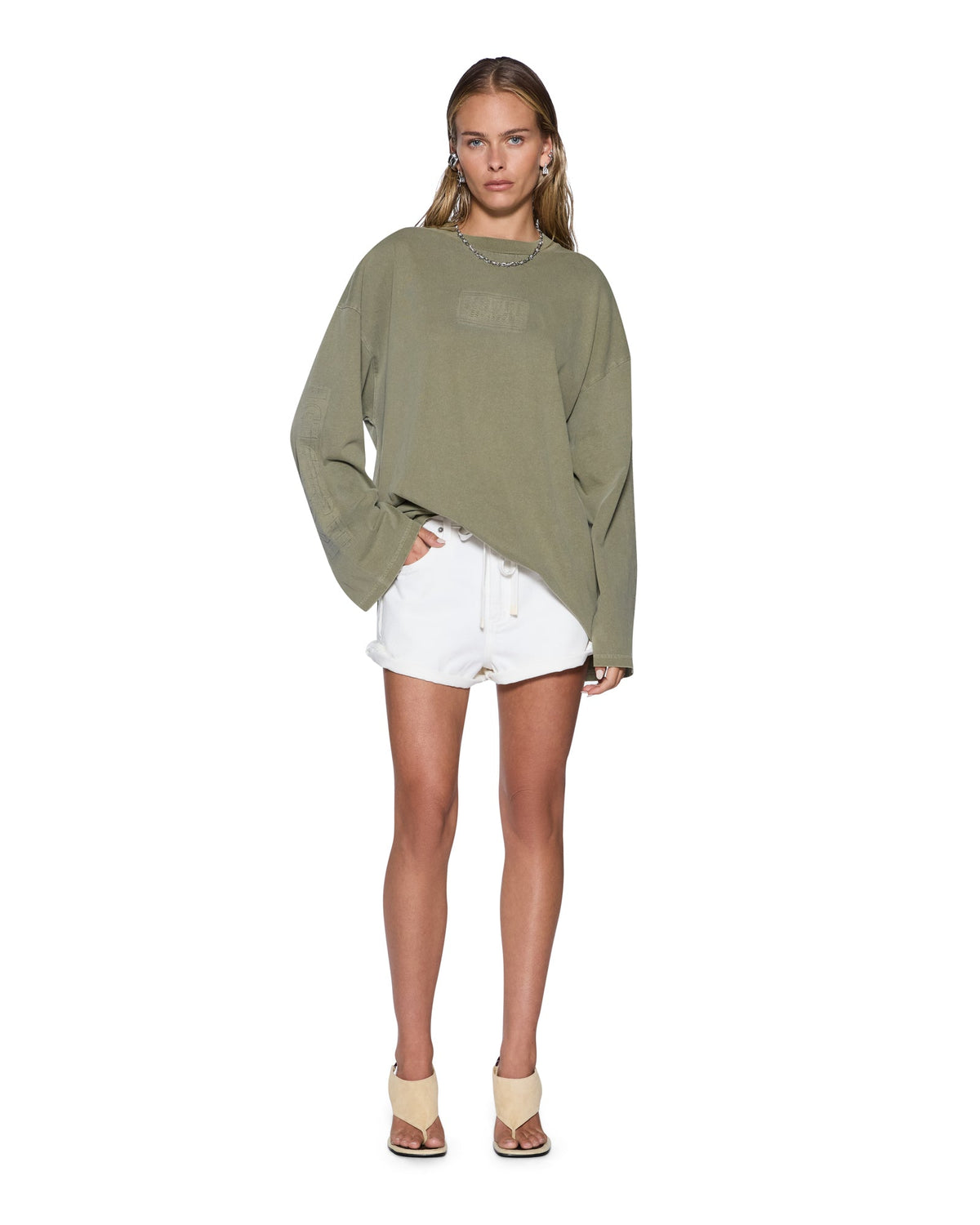 Womens State Stencil Boyfriend Ls Tee Militant Oversized Fashion Tops - Khaki