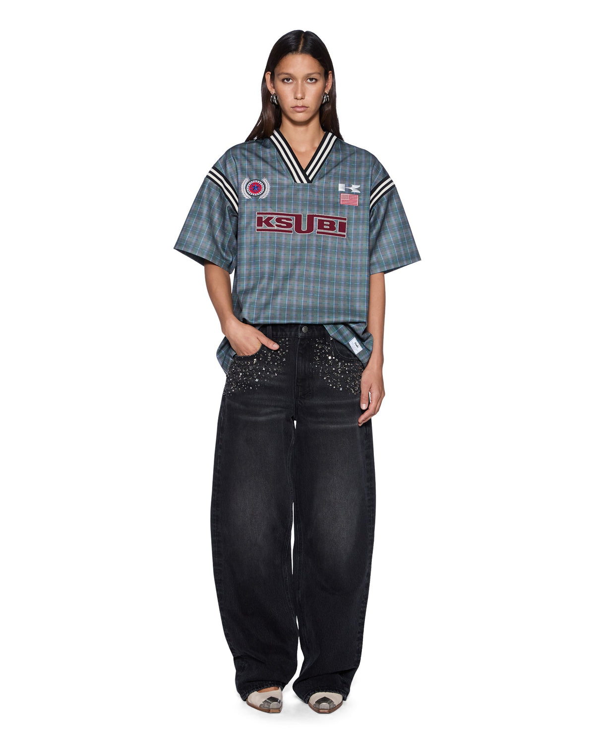 Womens Union Jersey Hunter Plaid Boxy Fashion Tops - Green