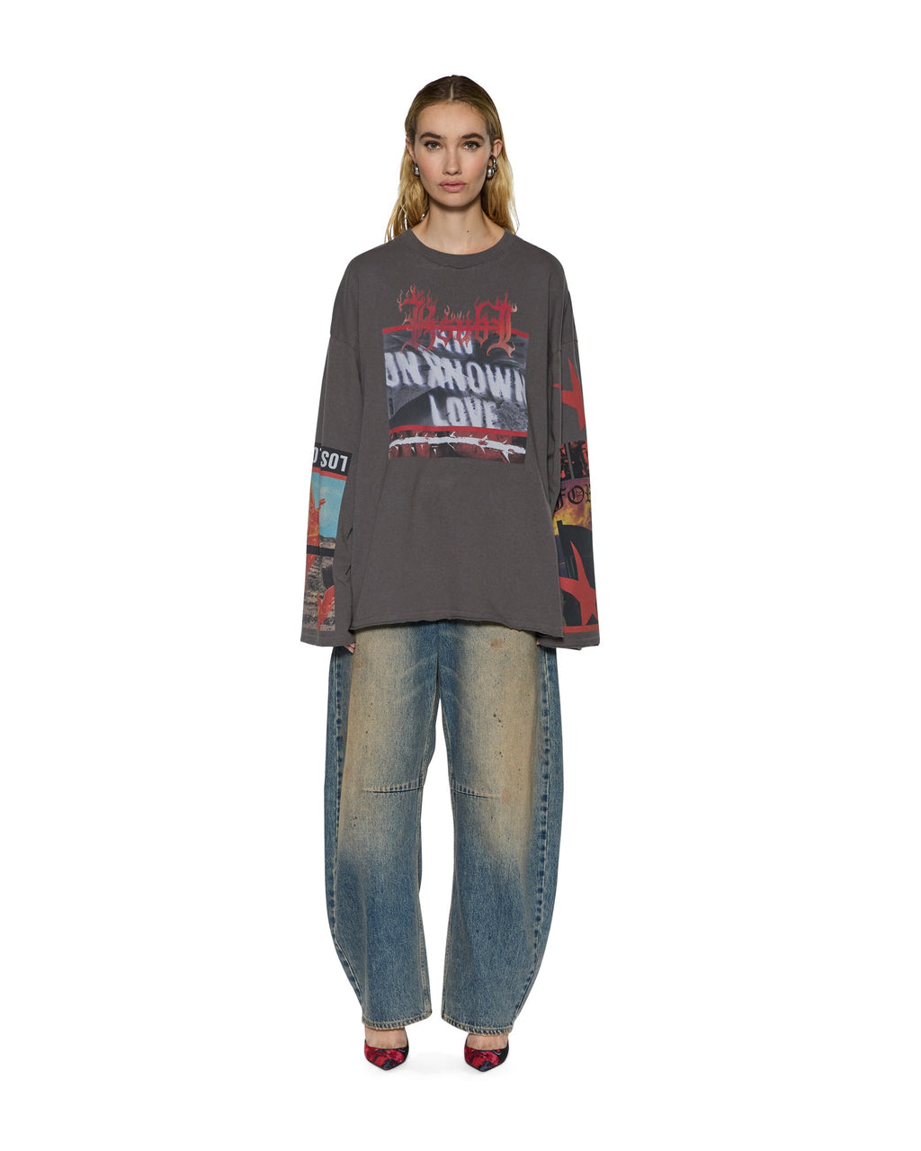 Womens Altar Ls Boyfriend Tee Charcoal Oversized Tees - Grey