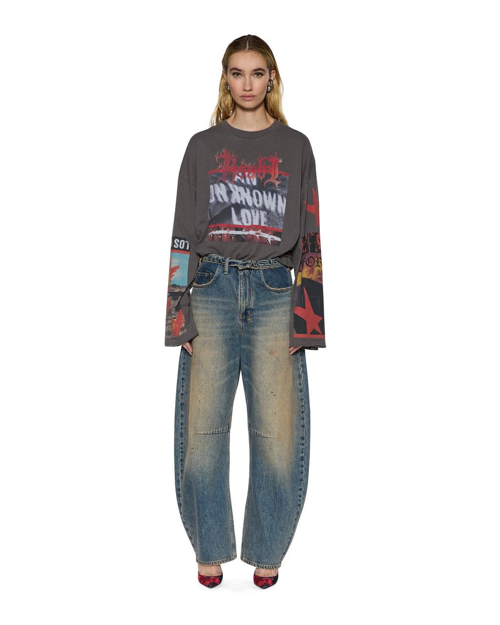 Womens Altar Ls Boyfriend Tee Charcoal Oversized Tees - Grey