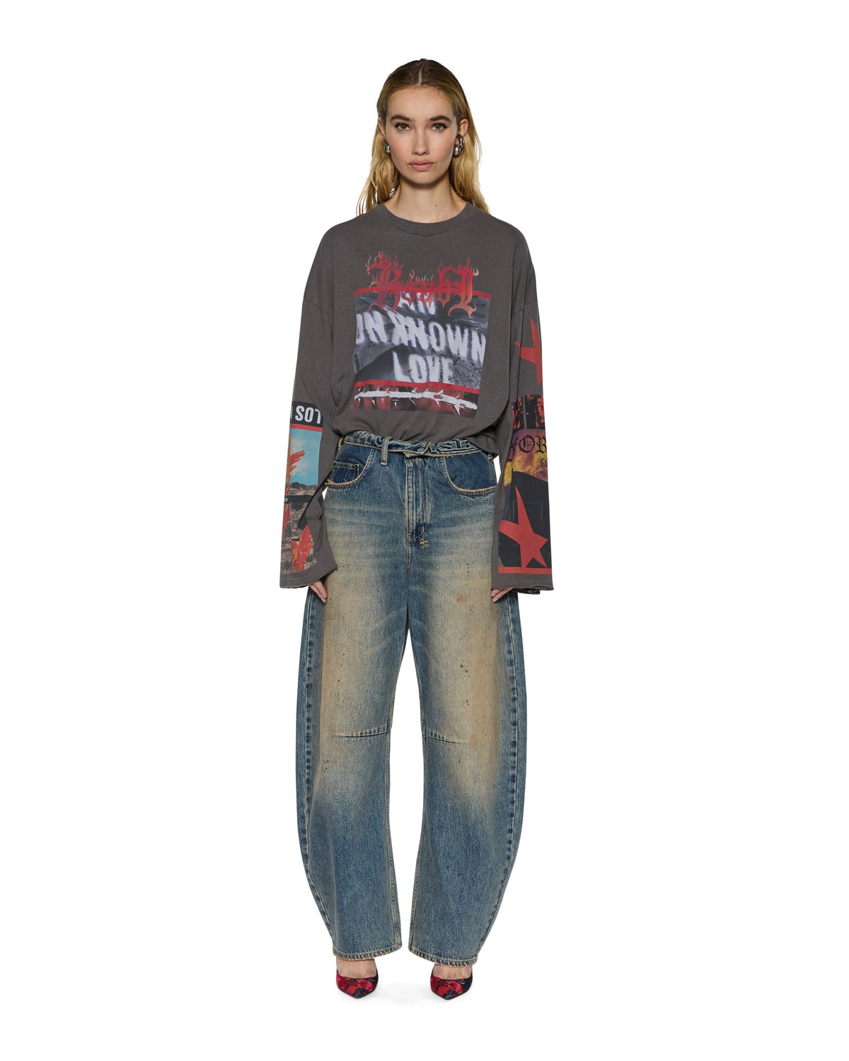 Womens Altar Ls Boyfriend Tee Charcoal Oversized Tees - Grey