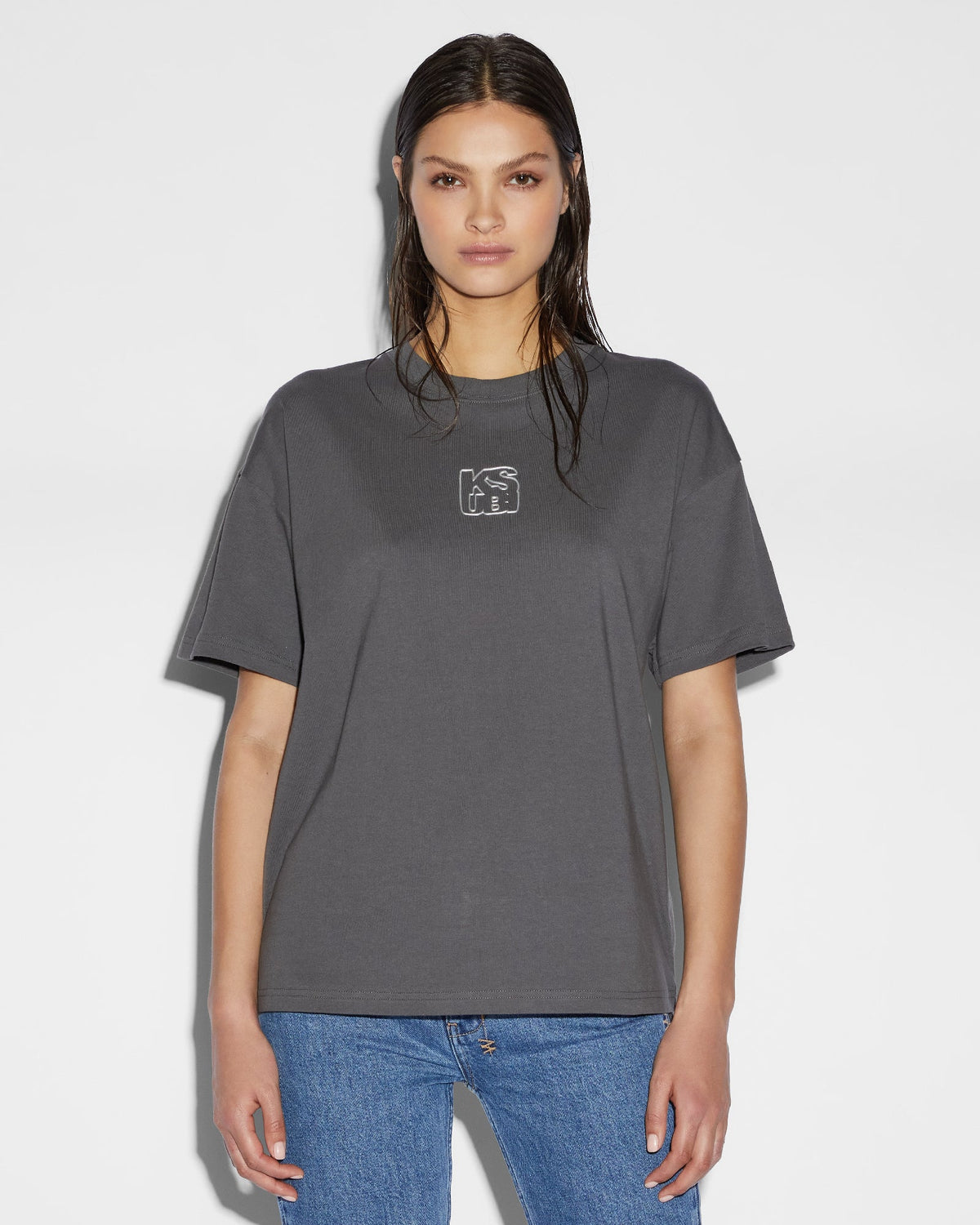 Womens Stacked Oh G Ss Tee Charcoal Oversized Tees - Grey