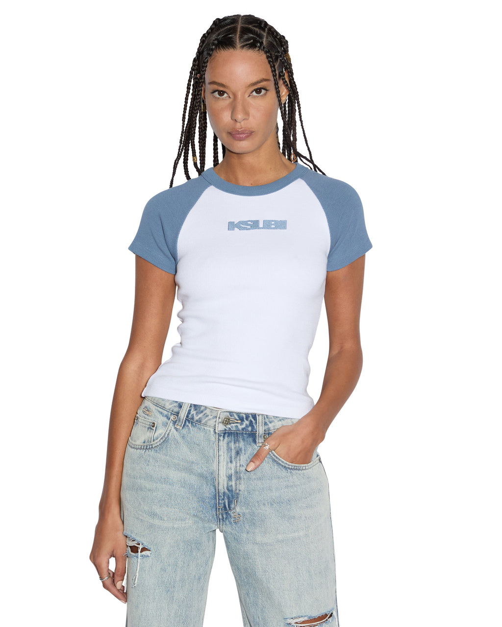 Womens Ksb Baby Ringer Ss Tee Charcoal/white Fitted Tees - Grey