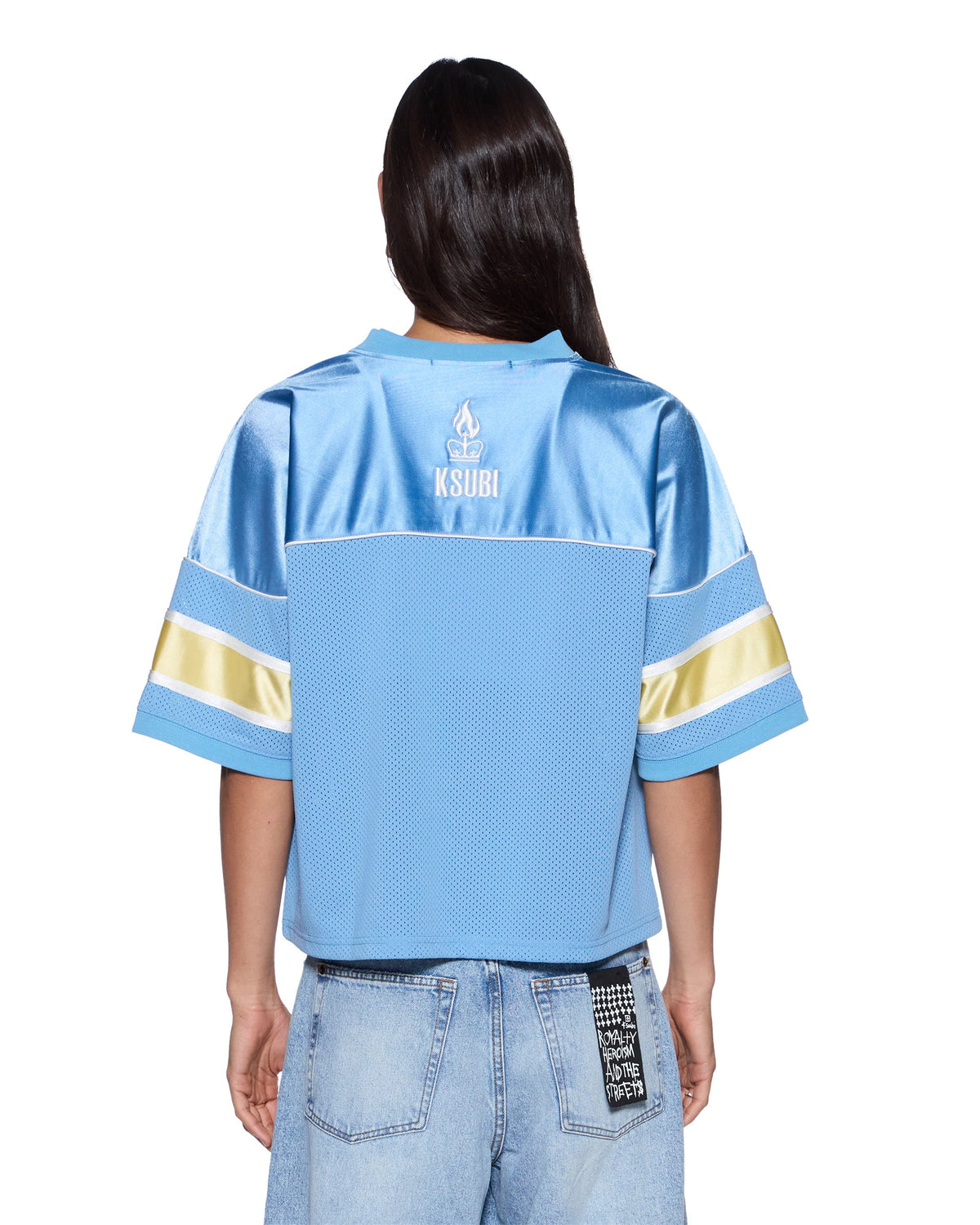 Womens 99 Spark Jersey Azure Yellow Boxy Fashion Tops - Blue