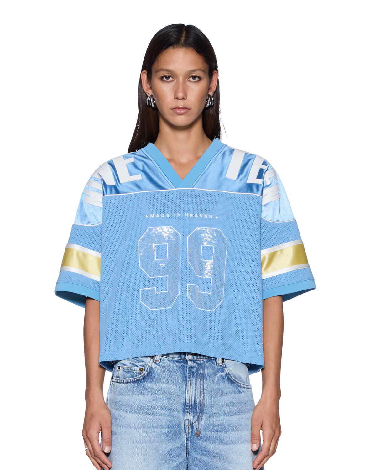 Womens 99 Spark Jersey Azure Yellow Boxy Fashion Tops - Blue