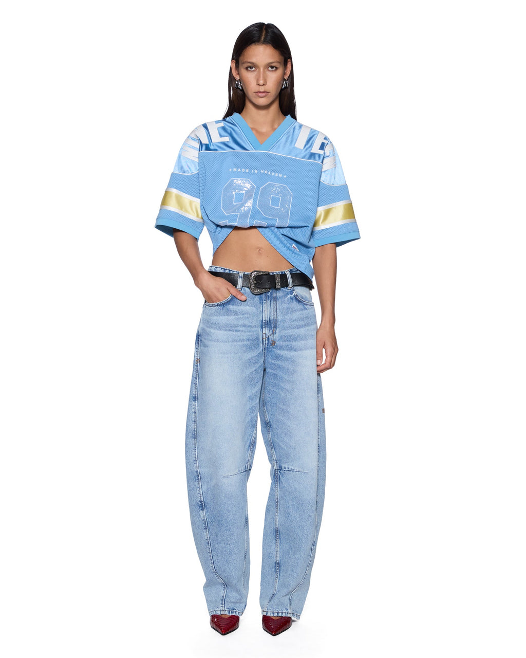 Womens 99 Spark Jersey Azure Yellow Boxy Fashion Tops - Blue