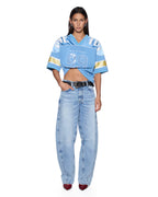 Womens 99 Spark Jersey Azure Yellow Boxy Fashion Tops - Blue