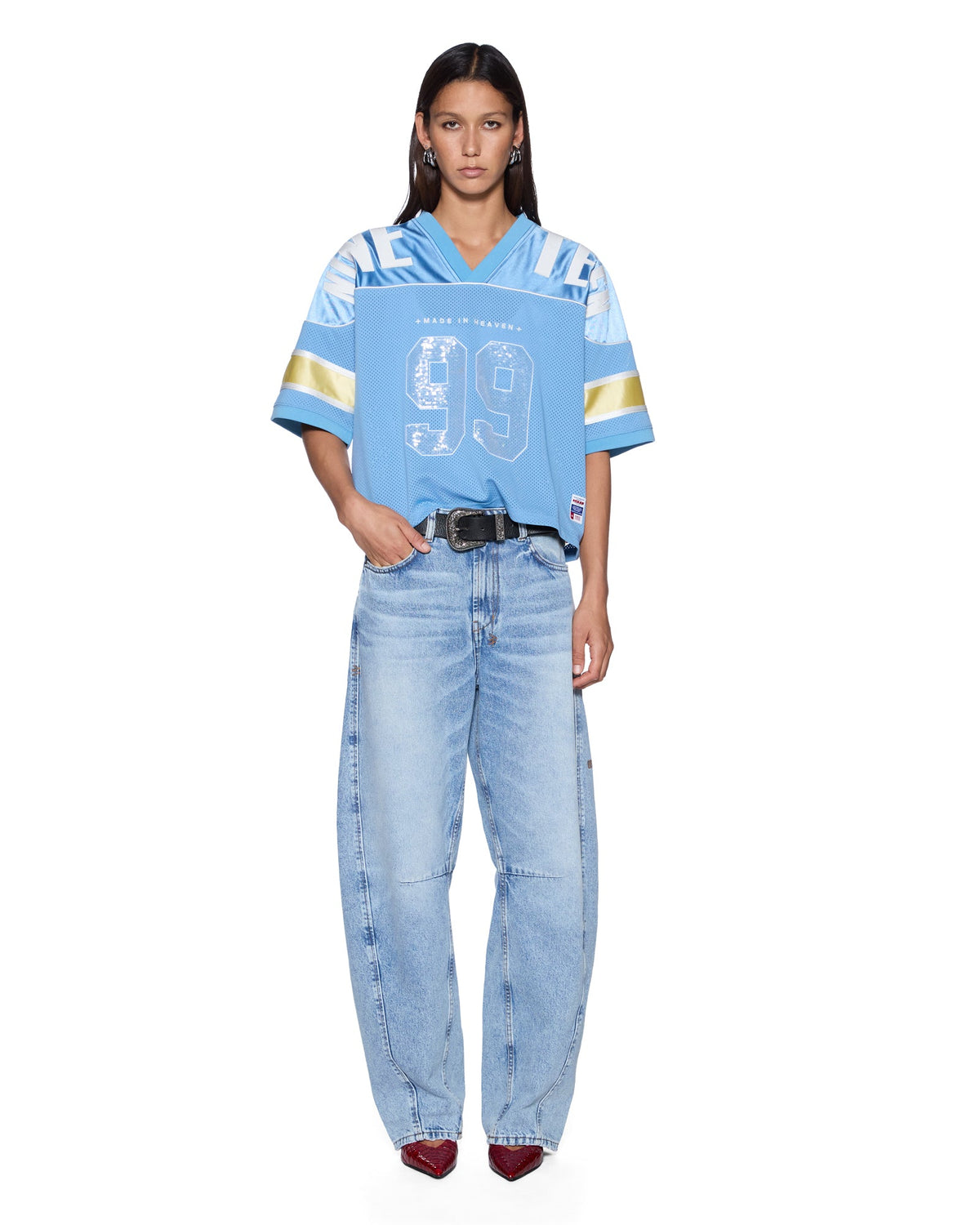 Womens 99 Spark Jersey Azure Yellow Boxy Fashion Tops - Blue