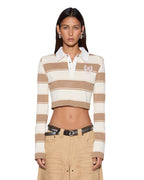 Womens Academy Ls Polo Shirt Tan Stripe Slim Fashion Tops - Beige