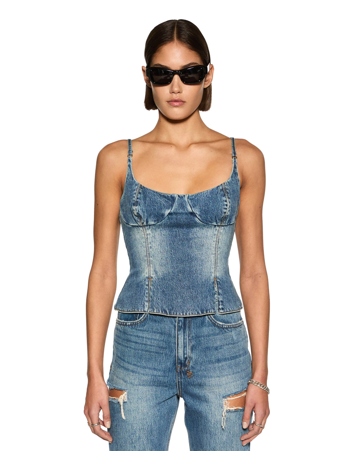 Womens Athena Bustier Aged Fitted Fashion Tops - Denim