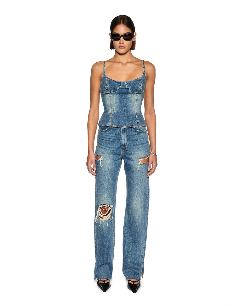 Womens Athena Bustier Aged Fitted Fashion Tops - Denim
