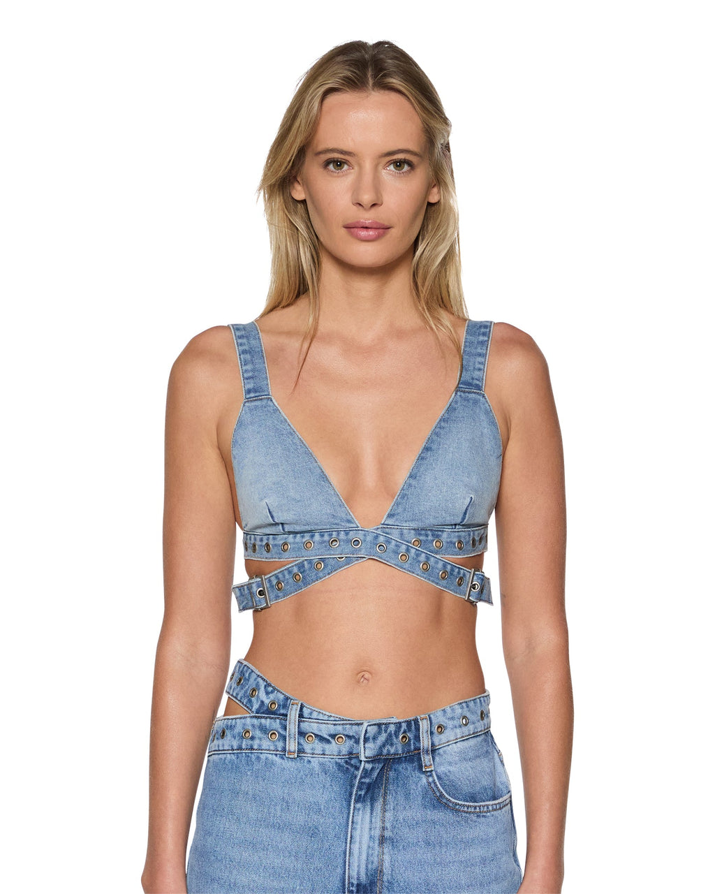 Womens Crossover Bralette Chroma Fitted Fashion Tops - Denim