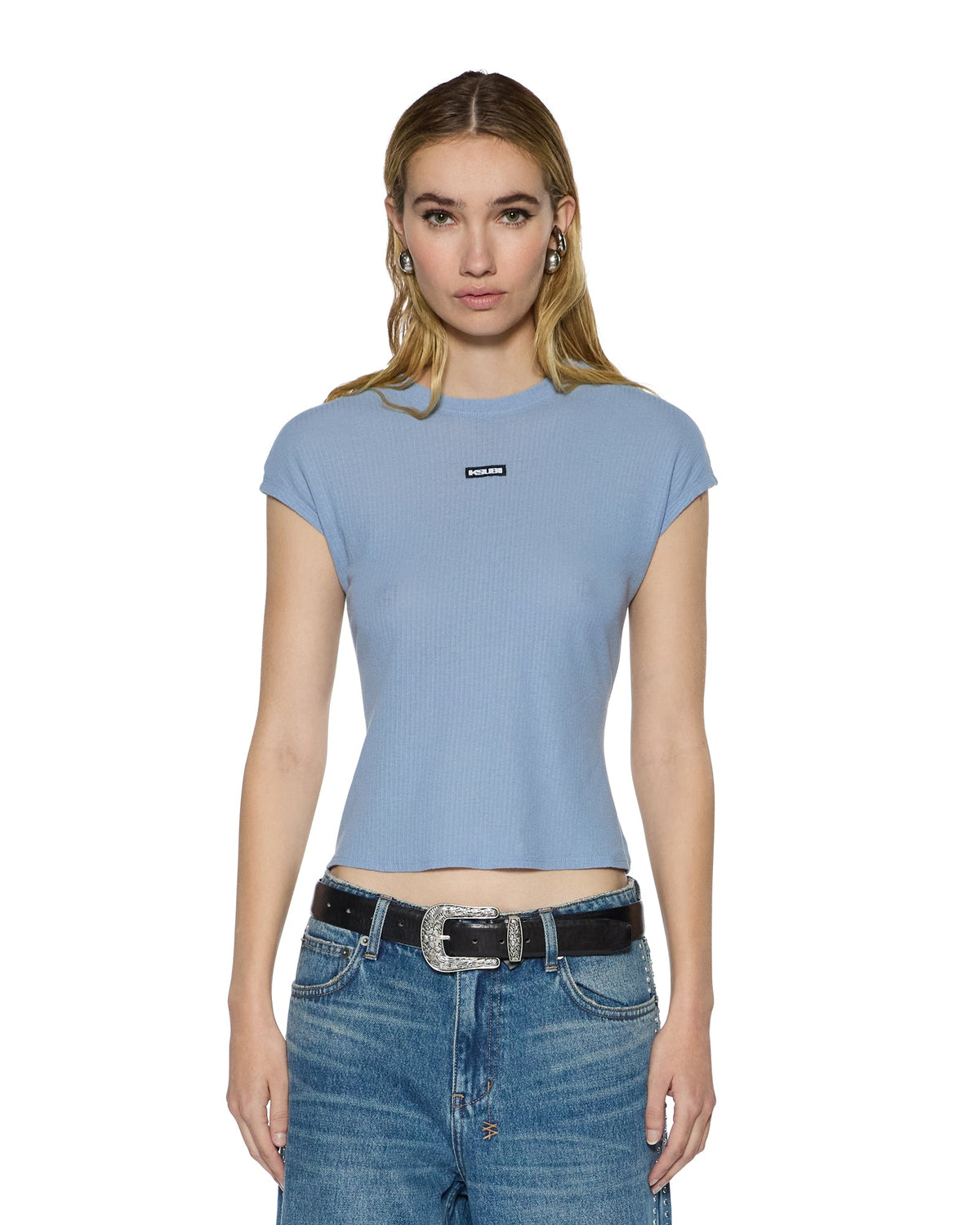 Womens Staple Ss Tee Ice Blue Sheer Slim Fashion Tops - Blue