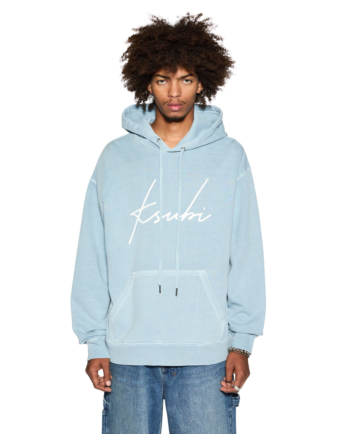 Mens Skript Biggie Hoodie Ice Blue Oversized Fleece - Blue