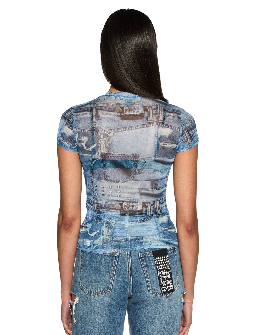 Womens Studio Mesh Ss Tee Fitted Fashion Tops - Denim