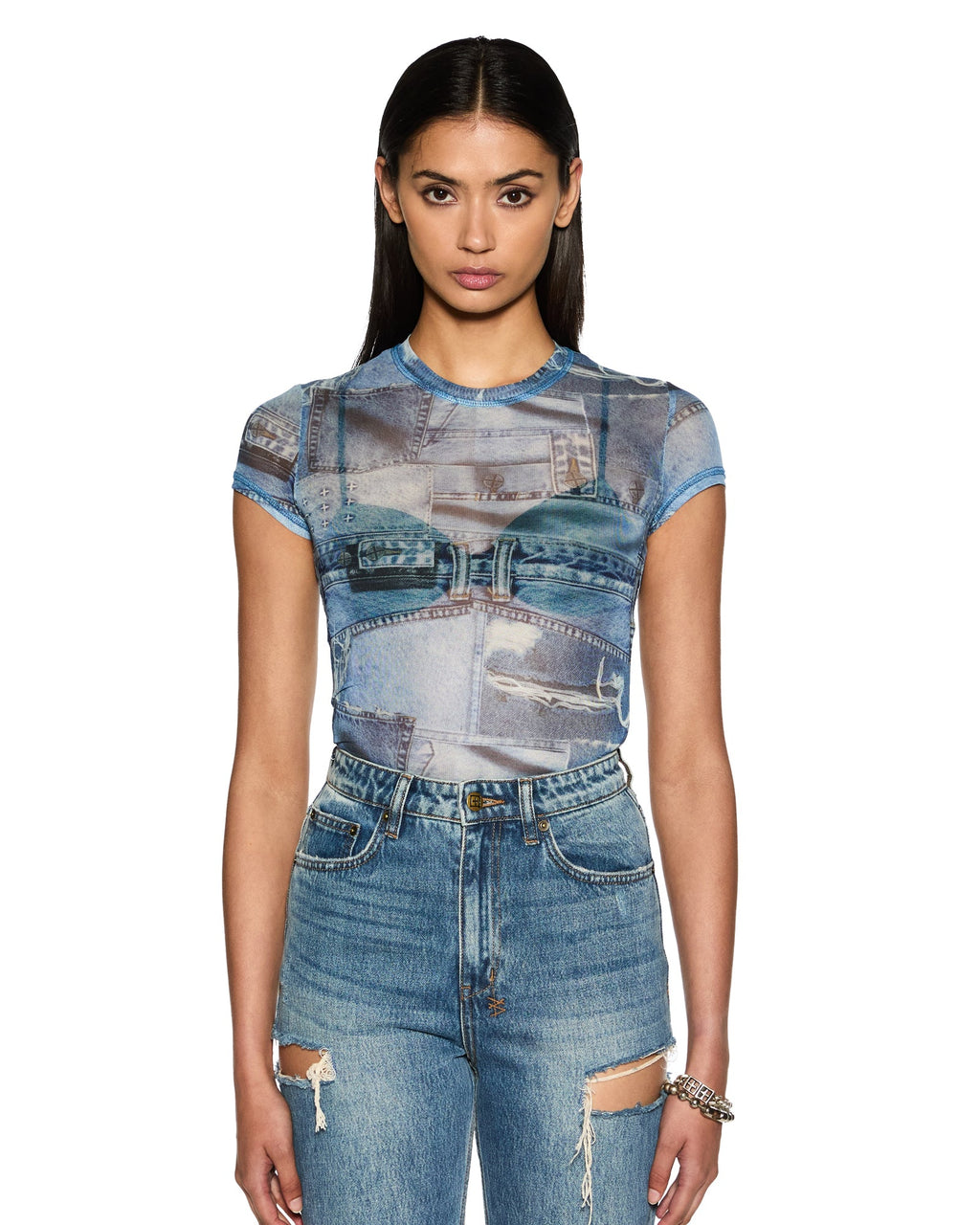 Womens Studio Mesh Ss Tee Fitted Fashion Tops - Denim