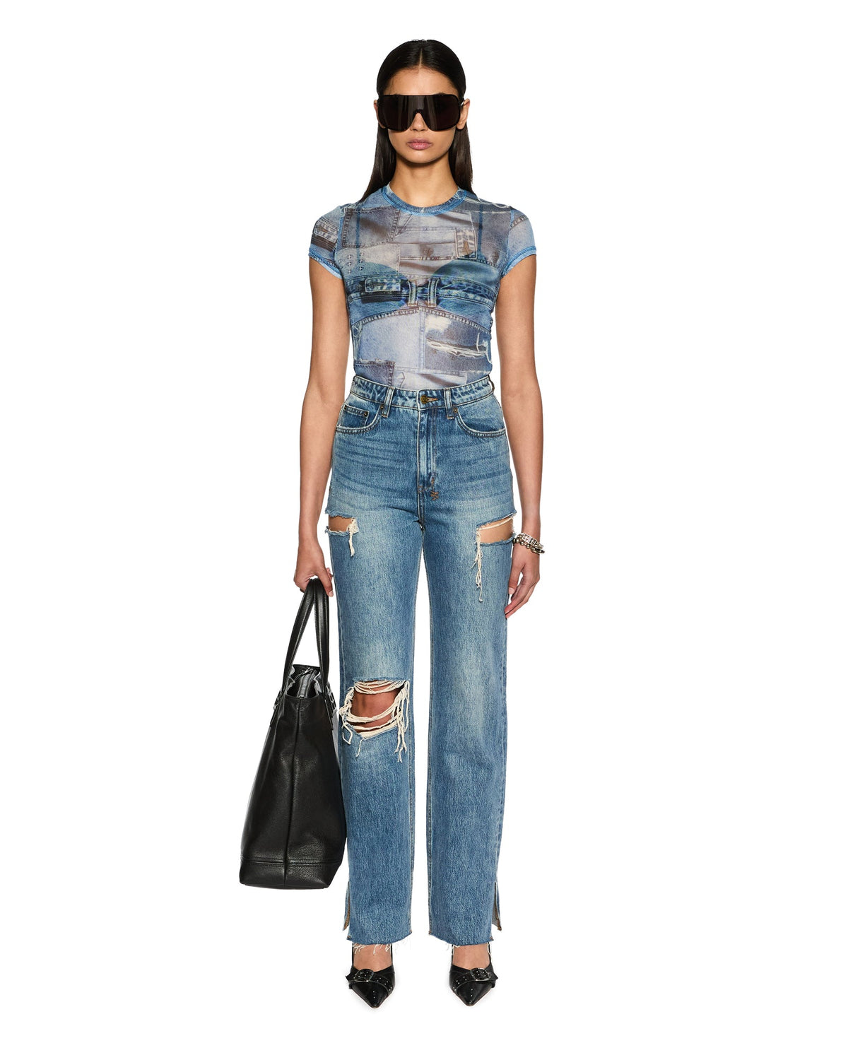 Womens Studio Mesh Ss Tee Fitted Fashion Tops - Denim