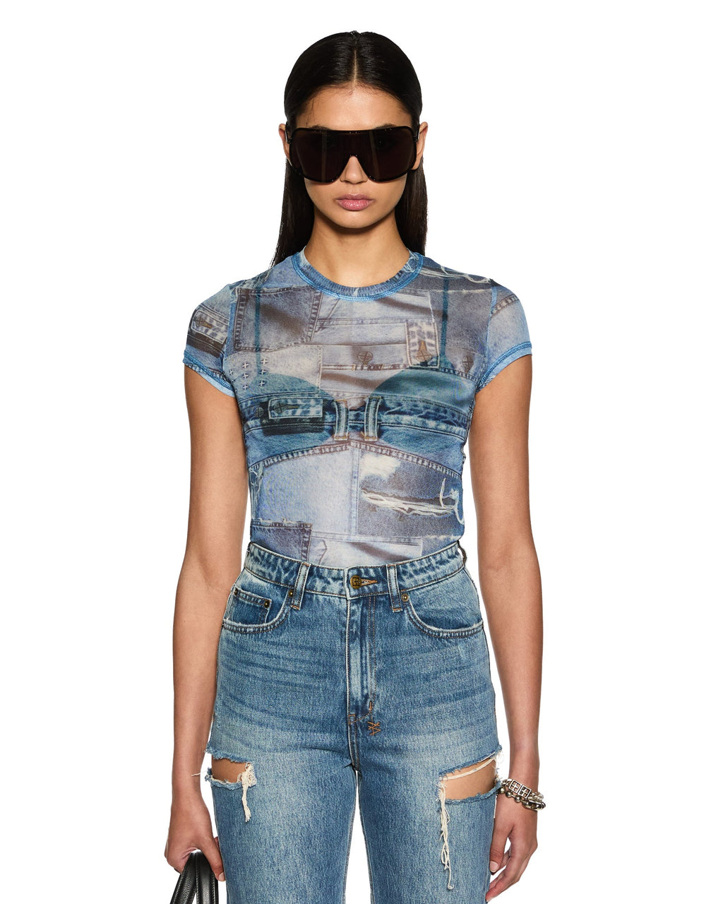 Womens Studio Mesh Ss Tee Fitted Fashion Tops - Denim