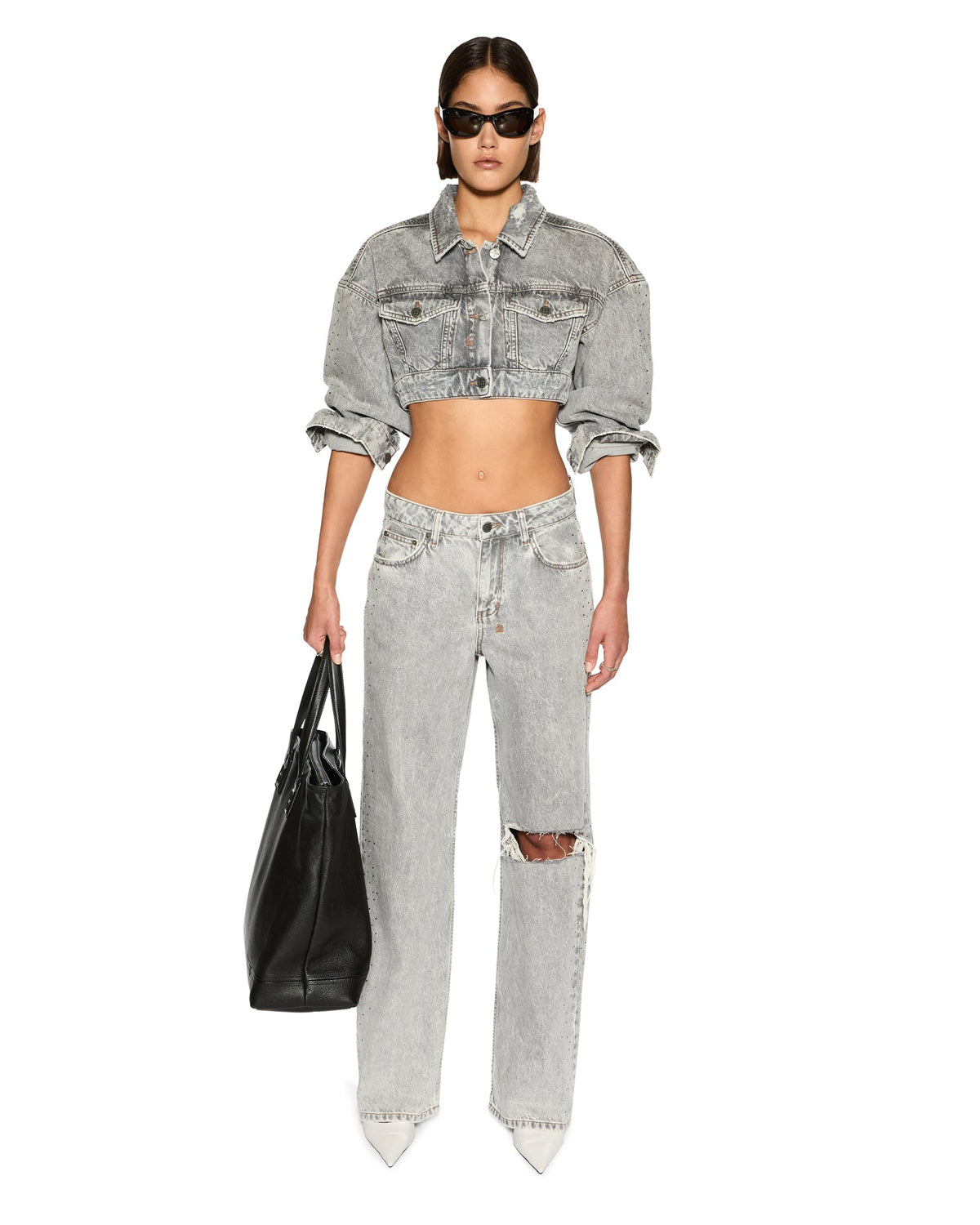 Womens Low Rider Dime Krystal Trashed Baggy Denim Jeans - Grey