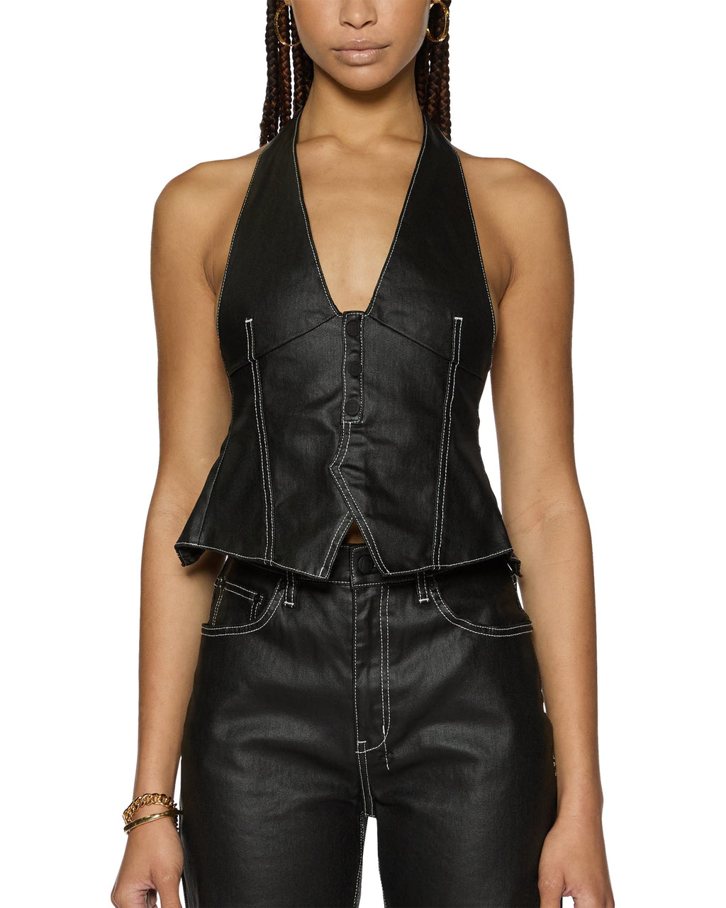 Womens Valentina Halter Top Slicker Fitted Fashion Tops - Black