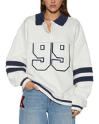 Womens 99 Boyfriend Polo Sweatshirt Vintage White Oversized Fleece - White