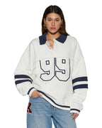 Womens 99 Boyfriend Polo Sweatshirt Vintage White Oversized Fleece - White