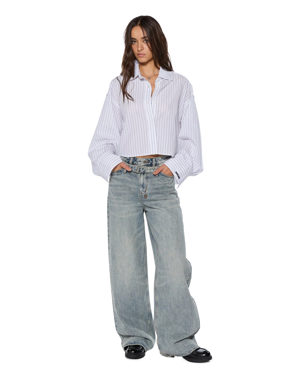 Womens Cropped Astra Ls Shirt Blue Stripe Oversized Shirts - Blue
