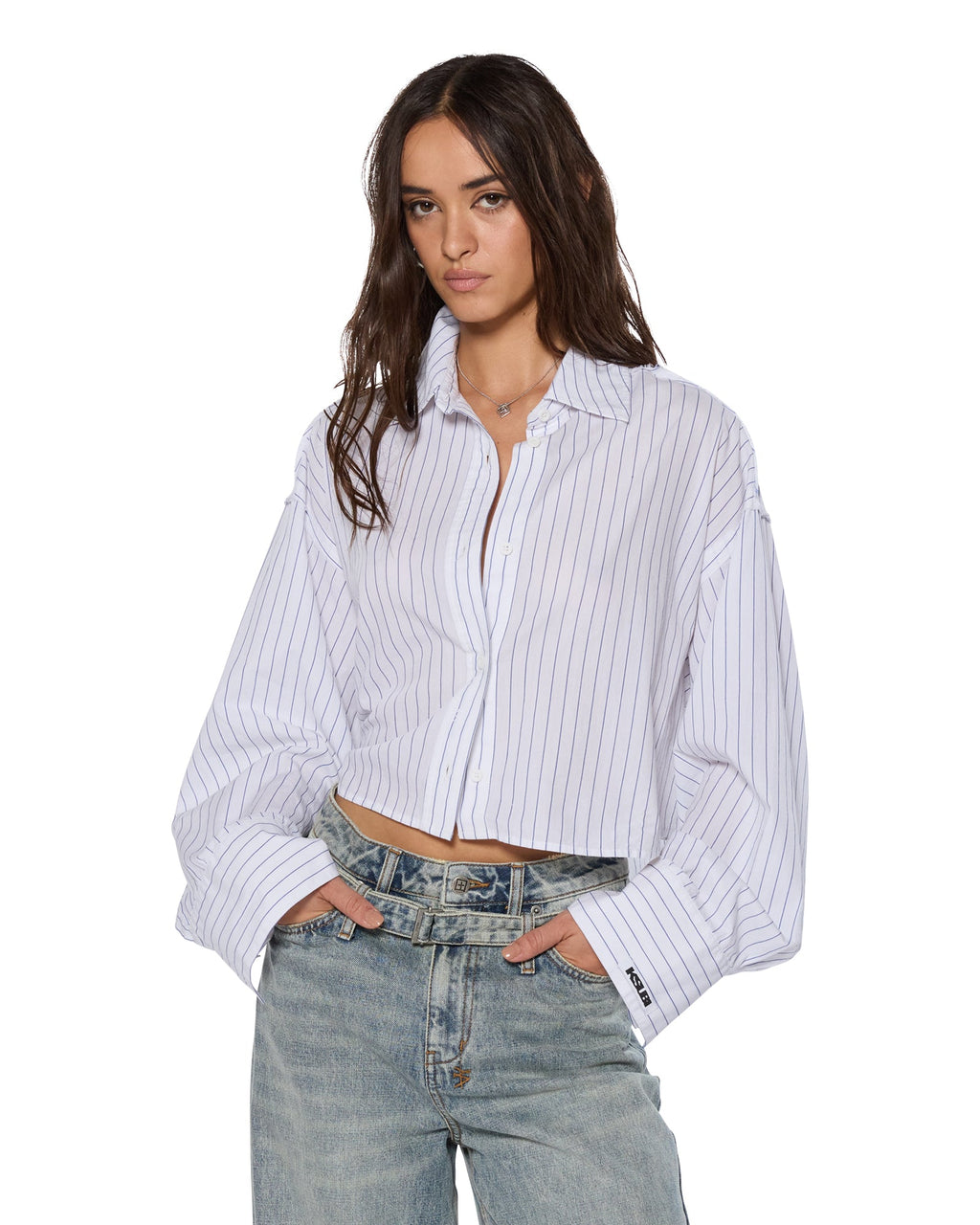 Womens Cropped Astra Ls Shirt Blue Stripe Oversized Shirts - Blue