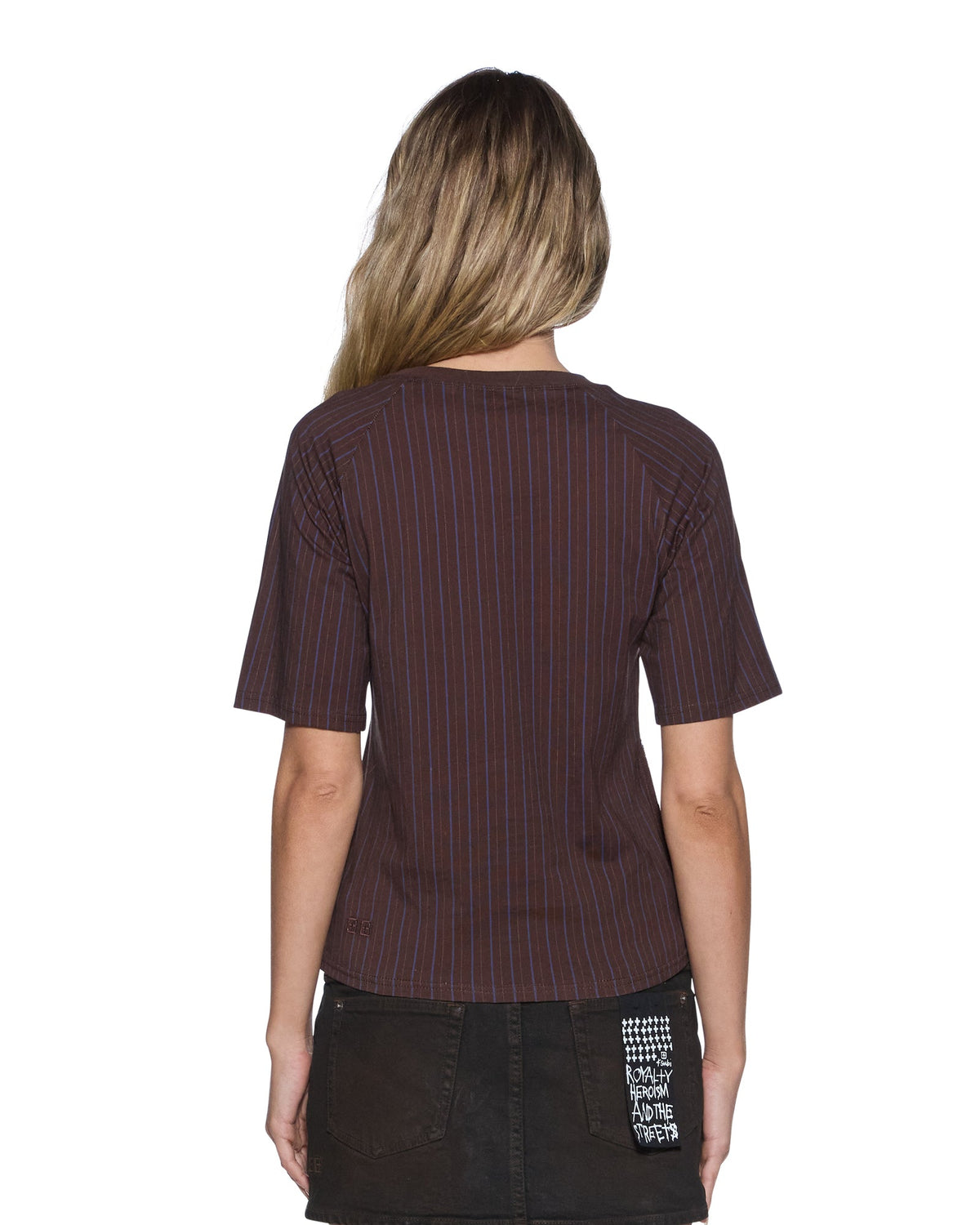 Womens Porter Ss Top Chocolate Pinstripe Slim Fashion Tops - Brown