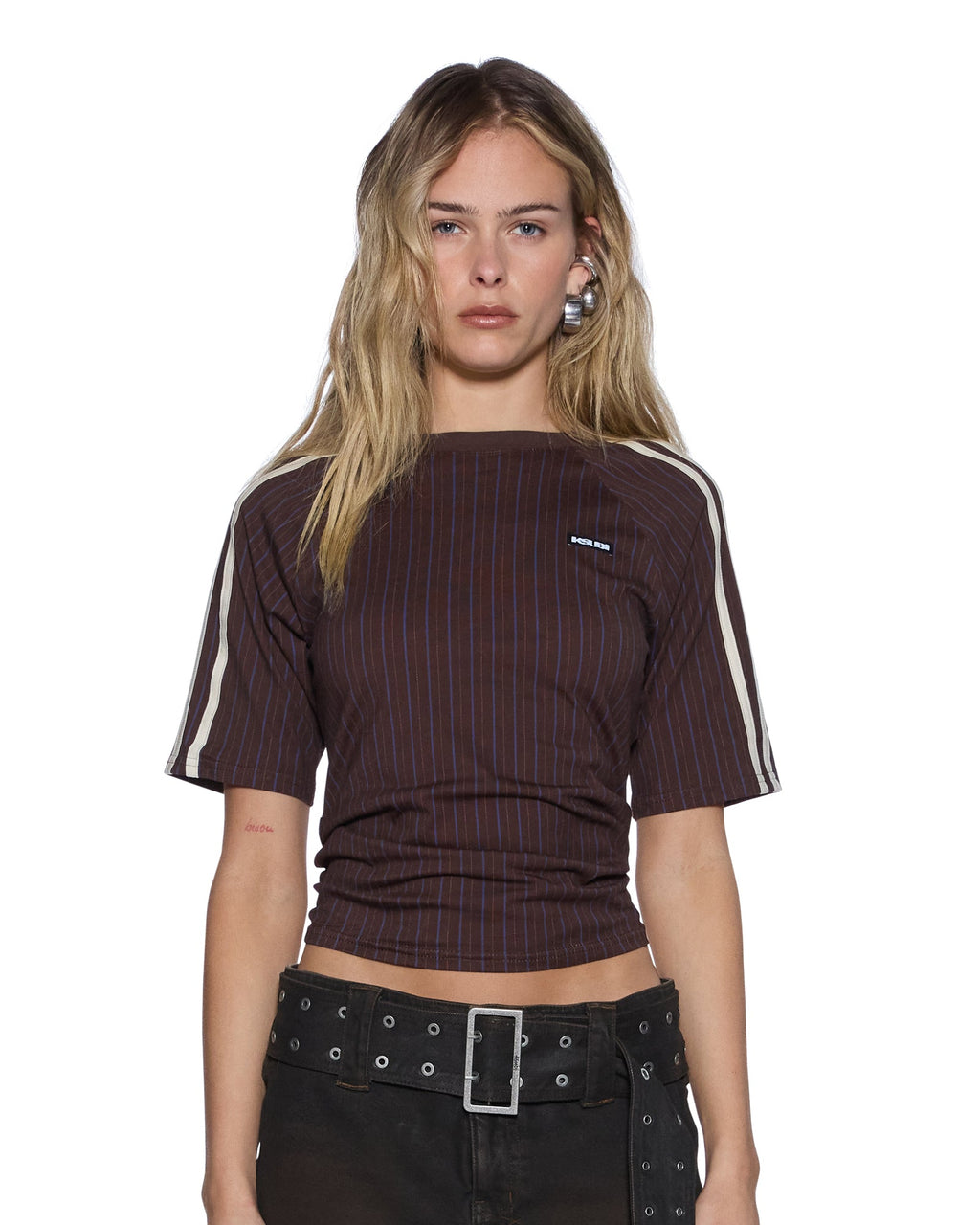 Womens Porter Ss Top Chocolate Pinstripe Slim Fashion Tops - Brown