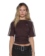 Womens Porter Ss Top Chocolate Pinstripe Slim Fashion Tops - Brown