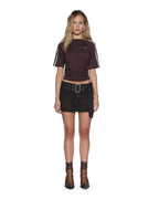 Womens Porter Ss Top Chocolate Pinstripe Slim Fashion Tops - Brown