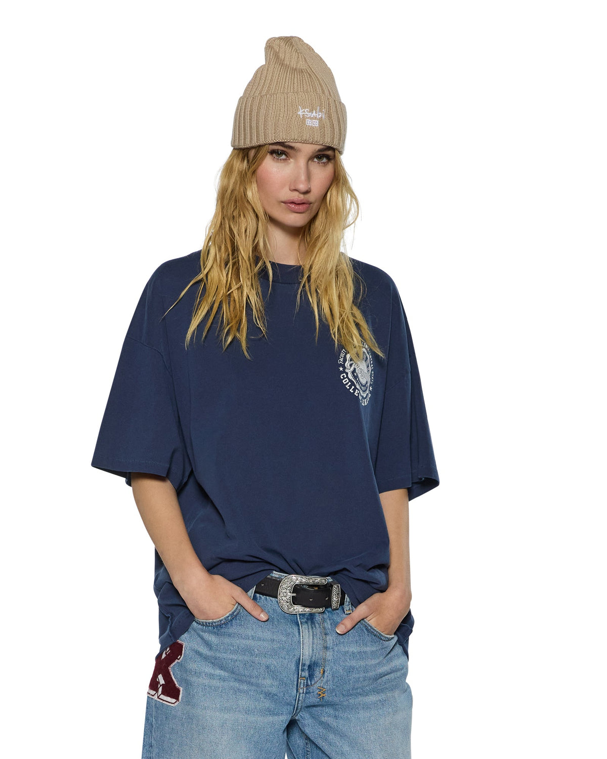 Womens Stacks Boyfriend Ss Tee Ink Blue Baggy Tees - Navy