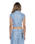 Womens Trucker Vest High Rollers Oversized Fashion Tops - Denim
