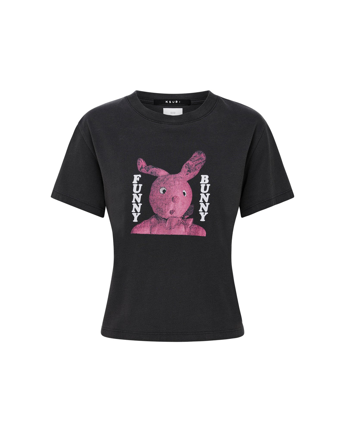 Womens Funny Bunny Shrunken Ss Tee Washed Black Fitted Tees - Grey