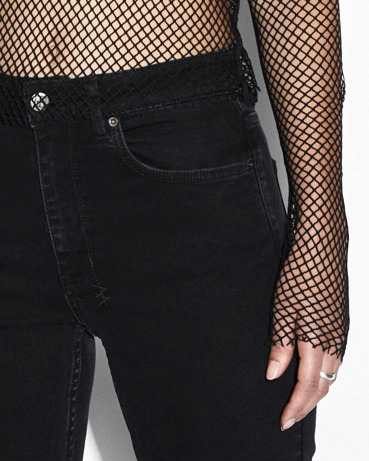 Womens Net Mesh Ls Top Black Fitted Fashion Tops - Black