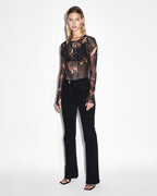 Womens Void Mesh Ls Top Consumed Fitted Fashion Tops - Black