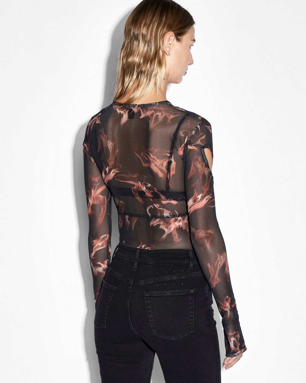 Womens Void Mesh Ls Top Consumed Fitted Fashion Tops - Black