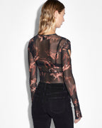 Womens Void Mesh Ls Top Consumed Fitted Fashion Tops - Black