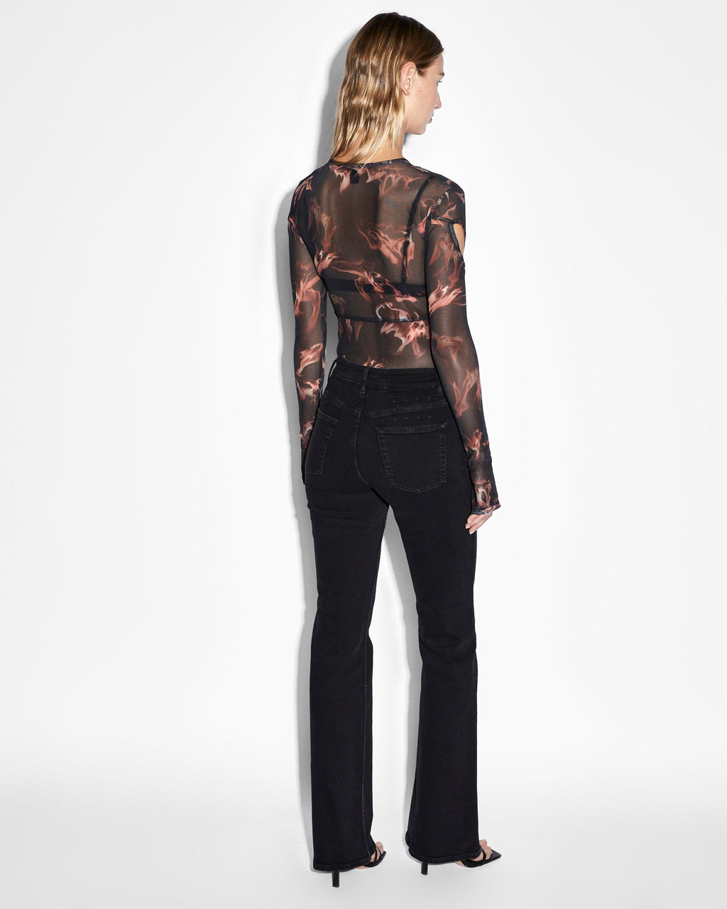 Womens Void Mesh Ls Top Consumed Fitted Fashion Tops - Black