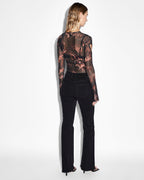 Womens Void Mesh Ls Top Consumed Fitted Fashion Tops - Black