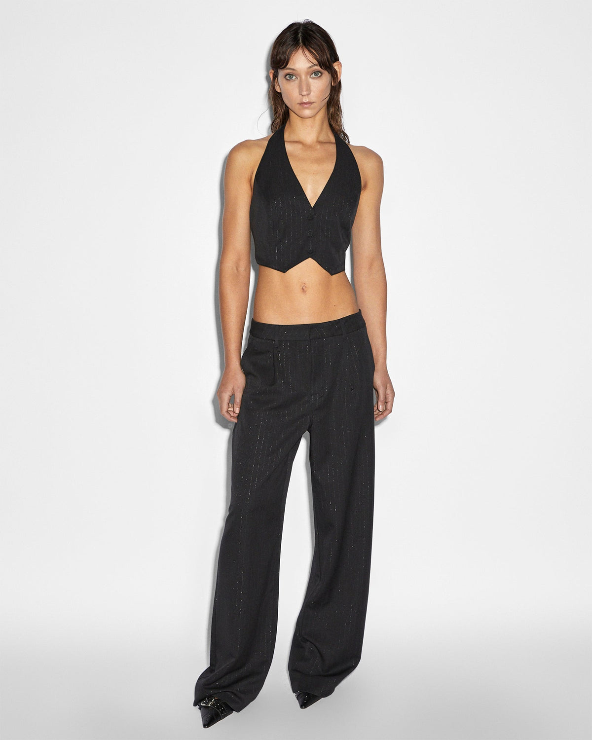 Womens Rebel Waistcoat Pinstripe Fitted Fashion Tops - Black