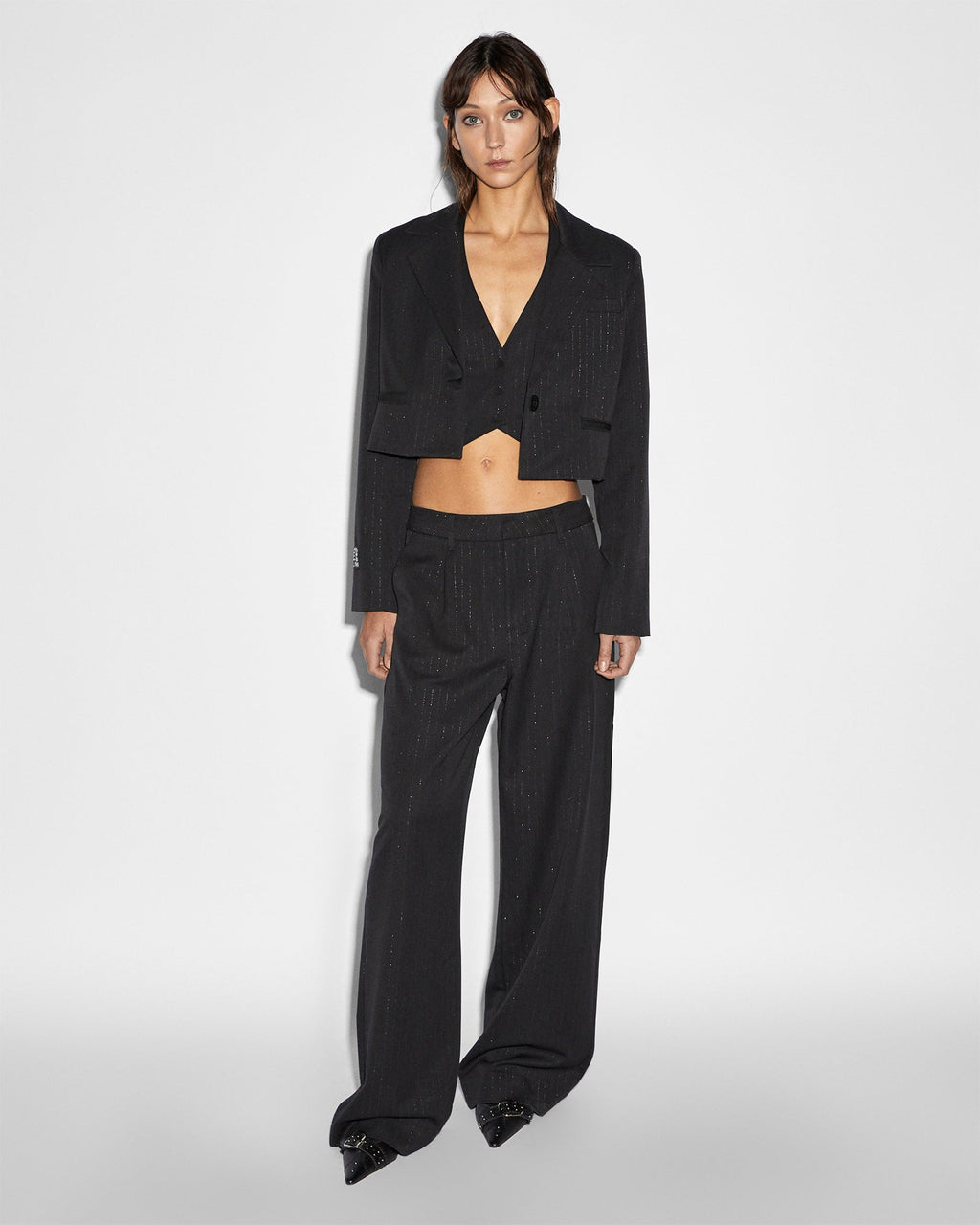 Womens Rebel Waistcoat Pinstripe Fitted Fashion Tops - Black