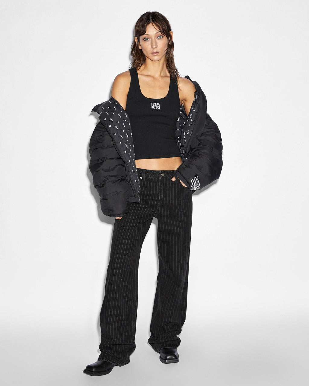 Womens Low Rider Pinstripe Baggy Denim Jeans - Black