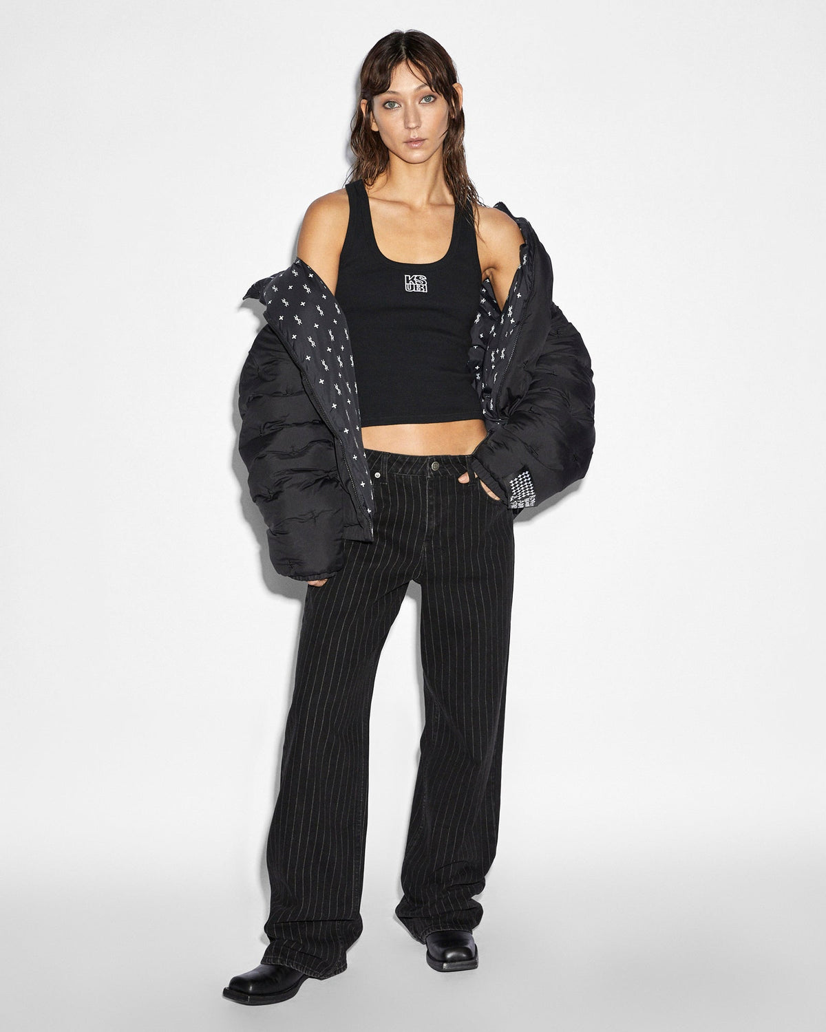 Womens Low Rider Pinstripe Baggy Denim Jeans - Black