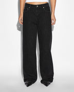 Womens Low Rider Pinstripe Baggy Denim Jeans - Black